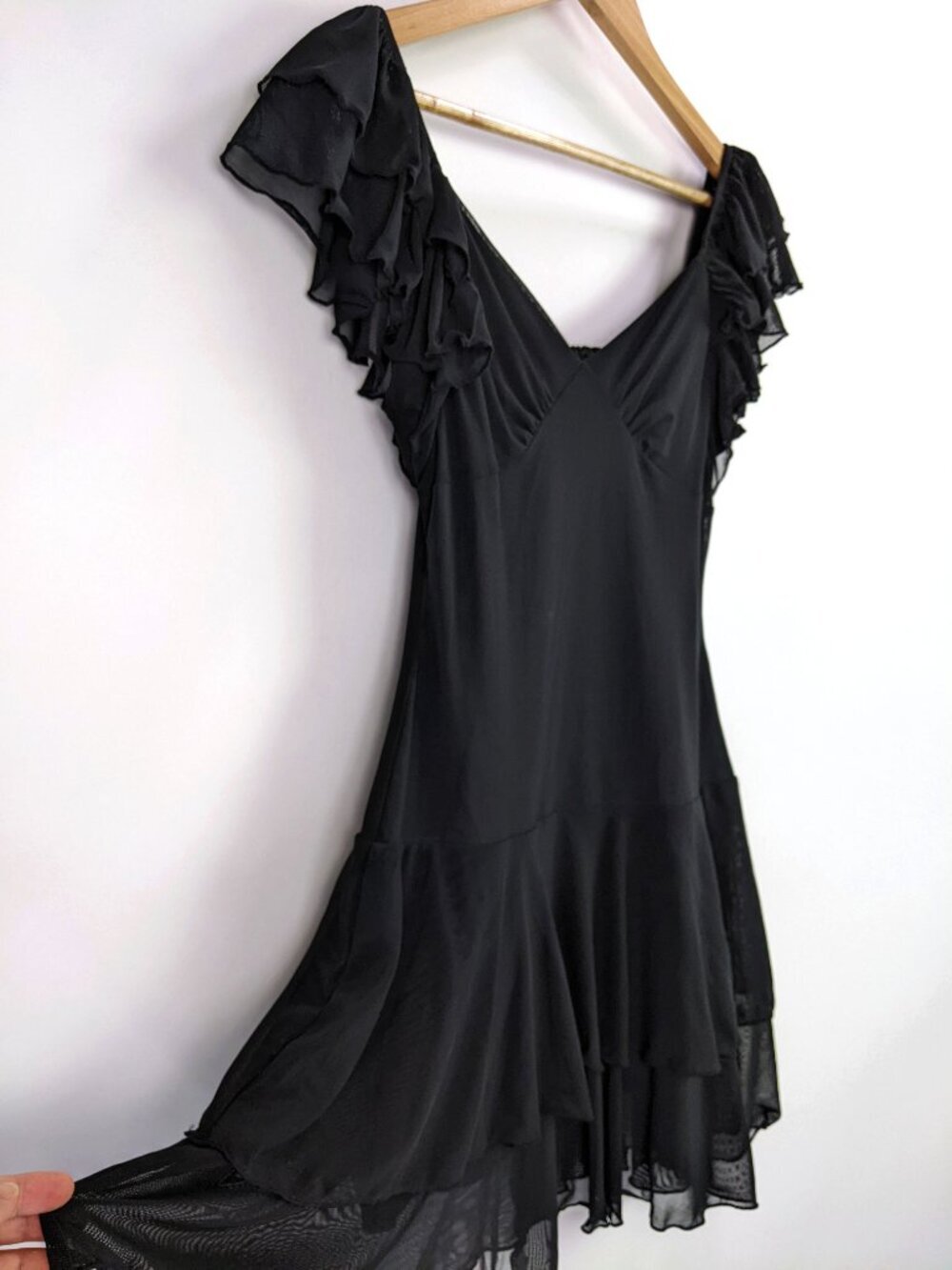 Womens Mesh Ruffle Mini Dress Flutter Sleeve  Fit & Flare Party in Black Size S - Picture 2 of 4